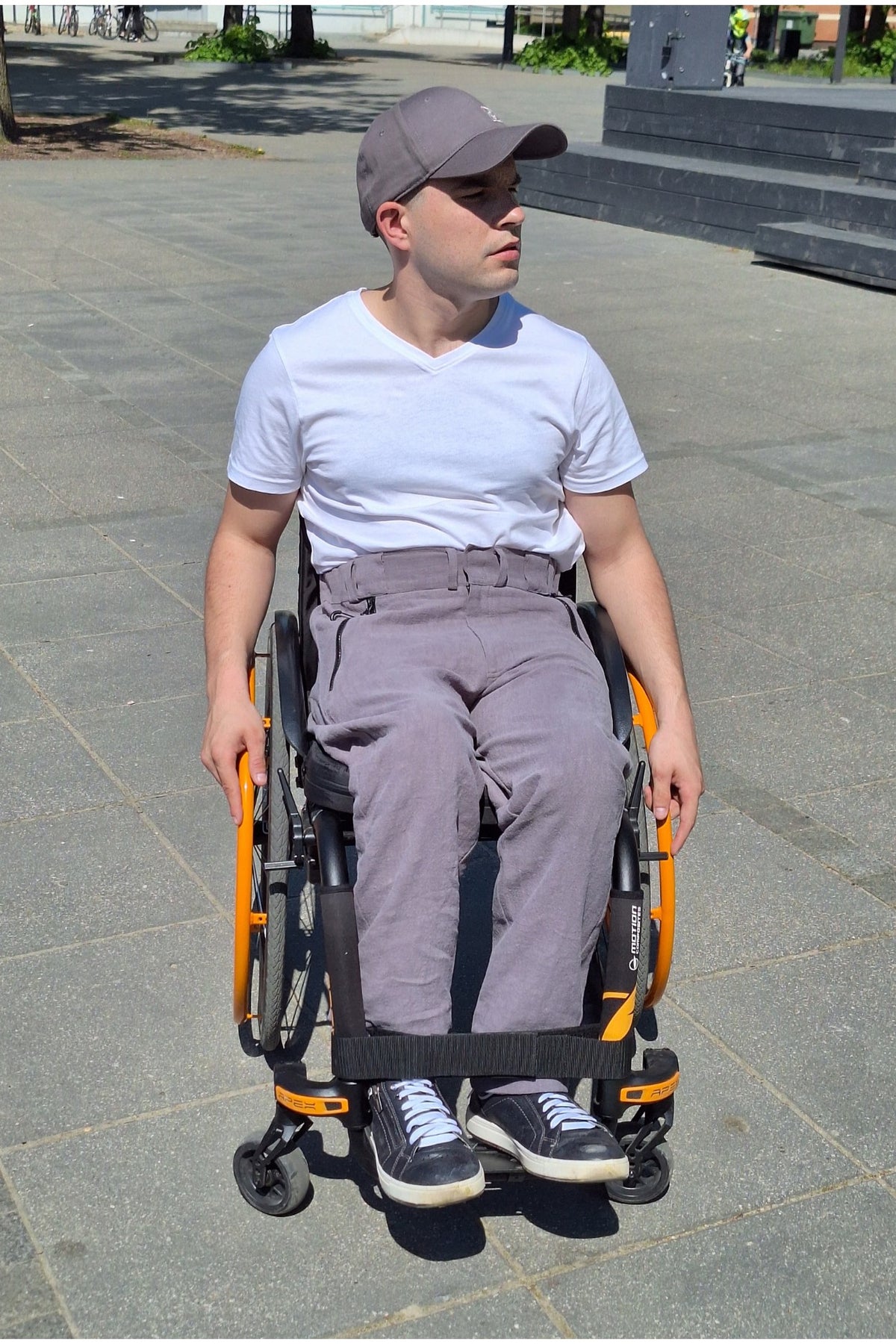 Men's wheelchair adaptive summer pants with drop down front from skin friendly ramie fabric